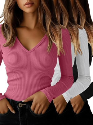 3 Pack Women's Long Sleeve T Shirts Cotton V Neck Slim