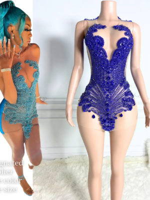 Royal Blue Diamond Mesh Birthday Dress Women Sexy Rhinestone
