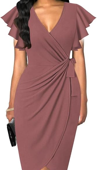 oten Womens Deep V Neck Ruffle Sleeve Sheath Casual Cocktail Party
