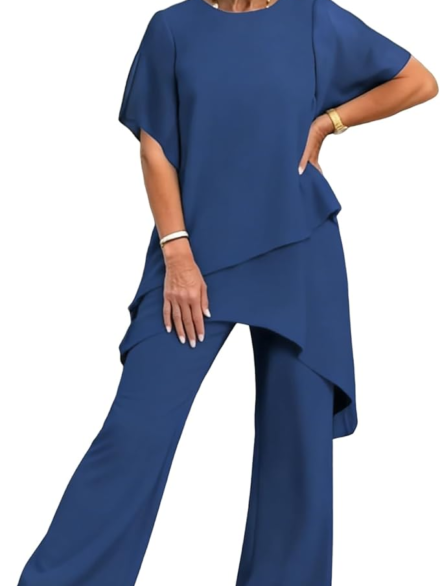 2 Piece Sets for Women Summer Short Sleeve Chiffon Blouse Matching Sets