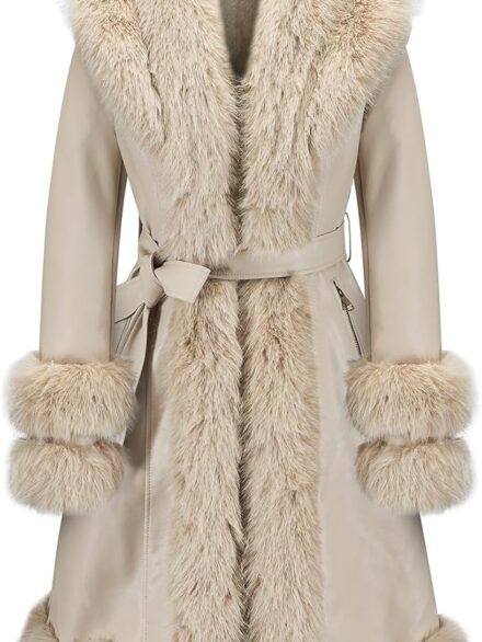 GRAN ORIENTE Women's Faux Leather Jacket with Faux Fur Collar, Winter Long Sleeve Furry