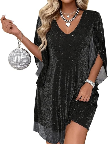 Women's Sparkly Cocktail Dresses for Wedding Guest Flutter Sleeve Loose Chiffon Party Dress